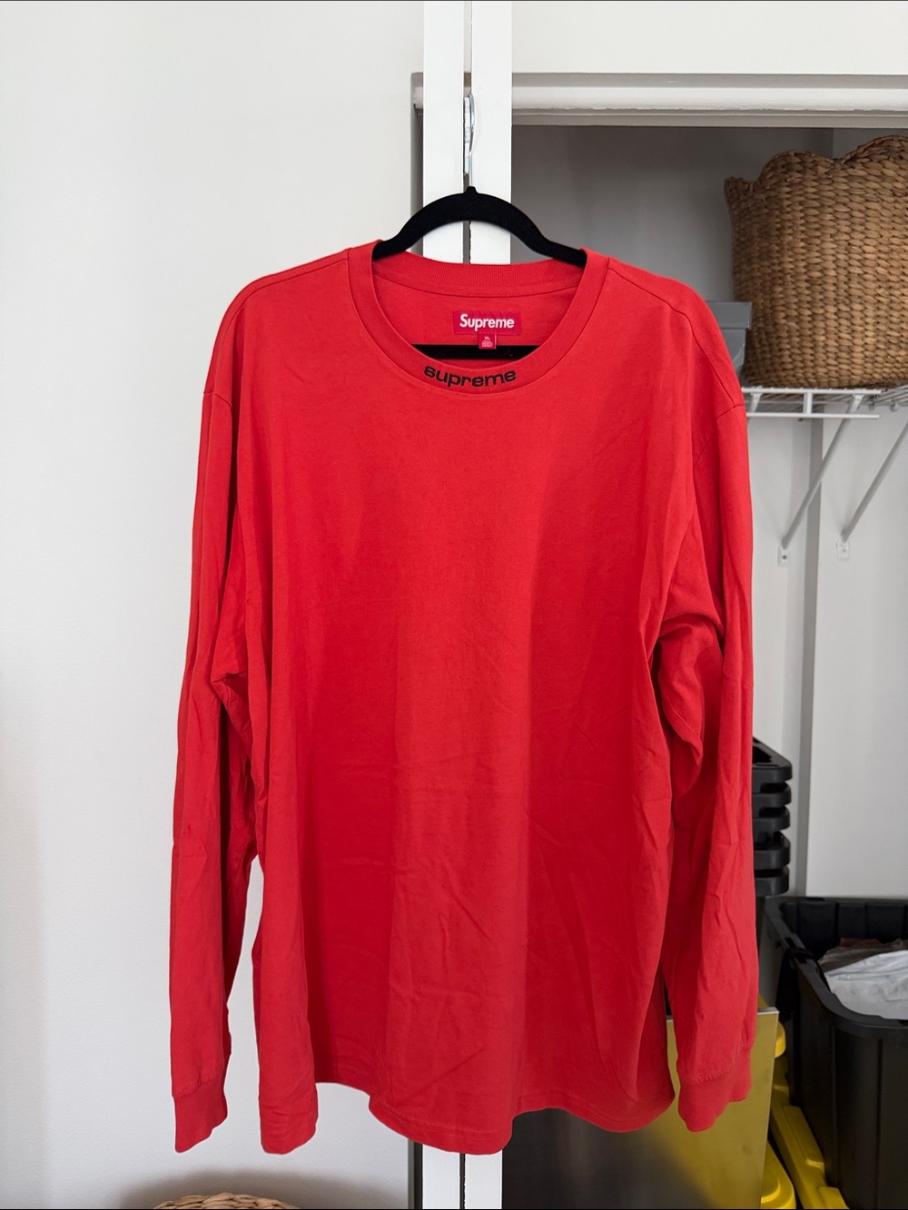 Supreme Red Long Sleeve Crewneck Tee with Neck Logo